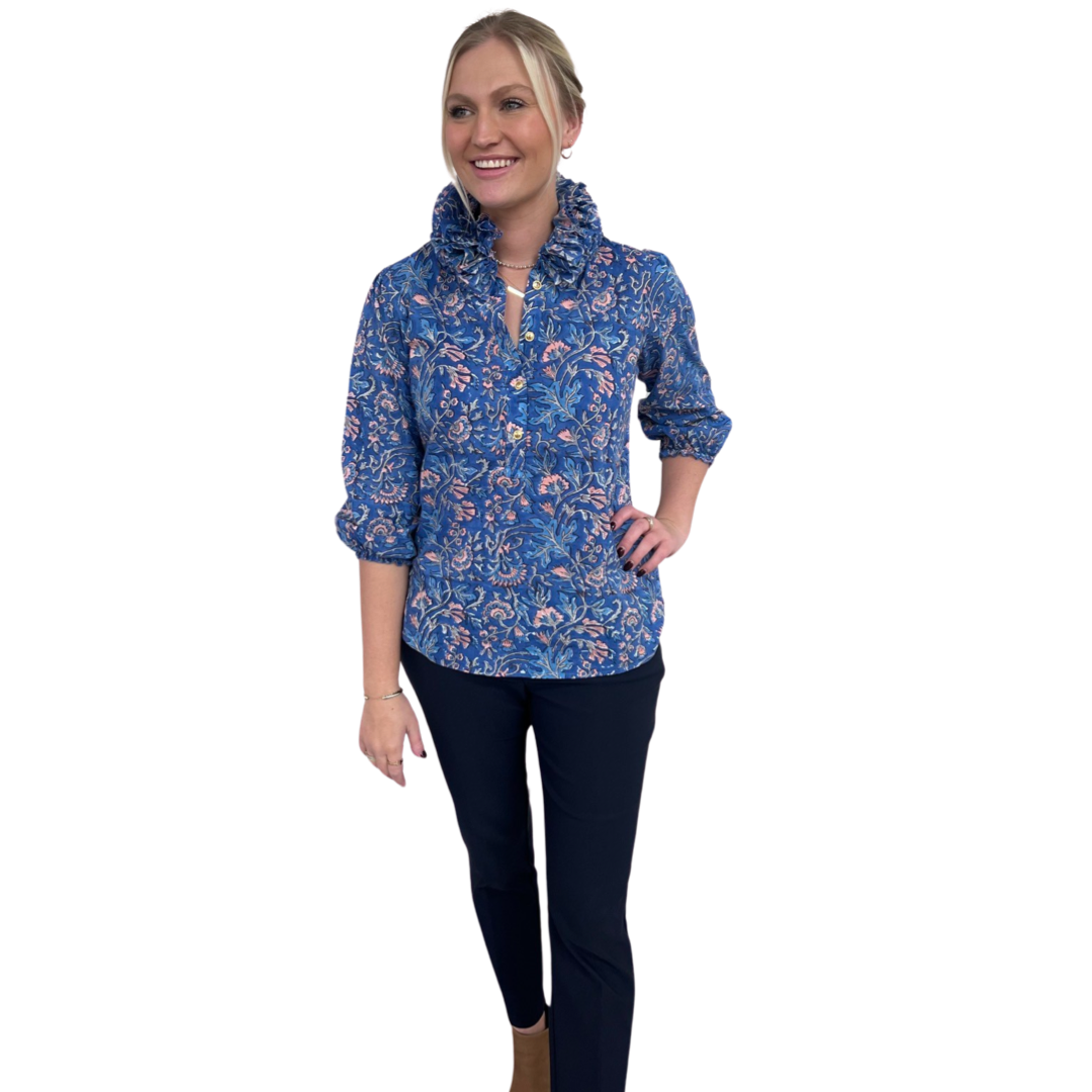 The Maria Ruffle Neck Top in Blue and Pink Floral