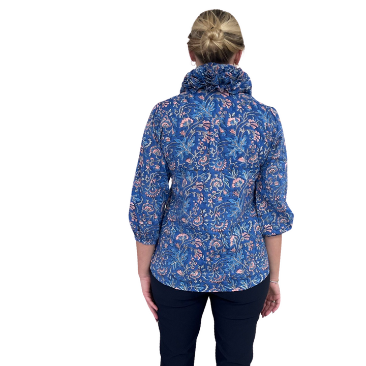 The Maria Ruffle Neck Top in Blue and Pink Floral — view 4