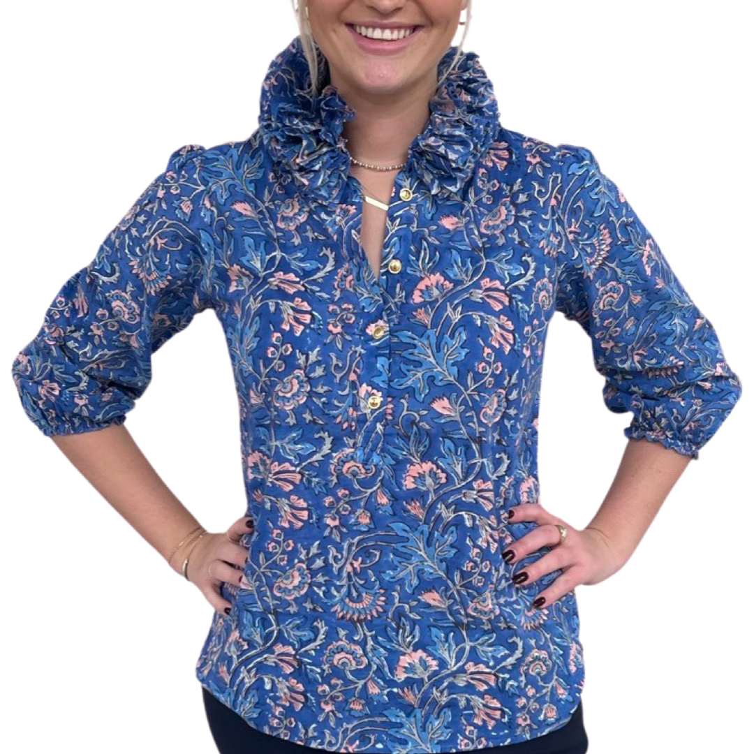The Maria Ruffle Neck Top in Blue and Pink Floral — view 5