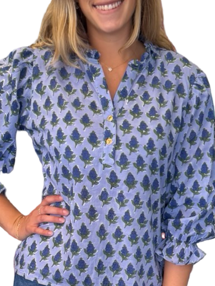 The Ainsley Ruffle Trim Top in Blue Floral Hand Block Printed Cotton