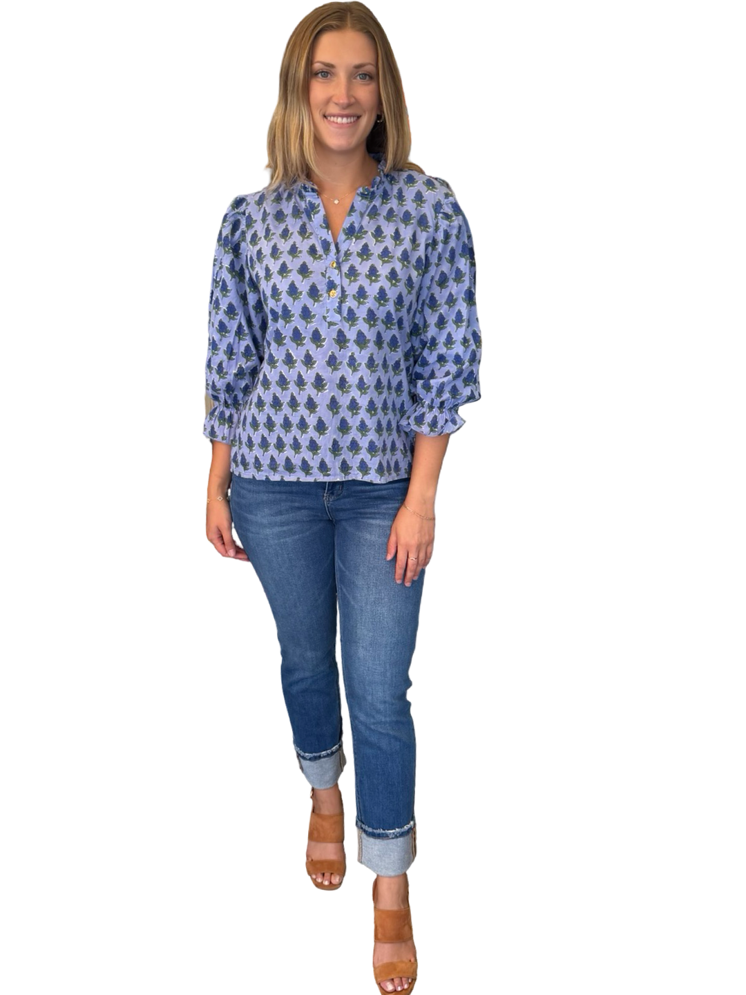 The Ainsley Ruffle Trim Top in Blue Floral Hand Block Printed Cotton