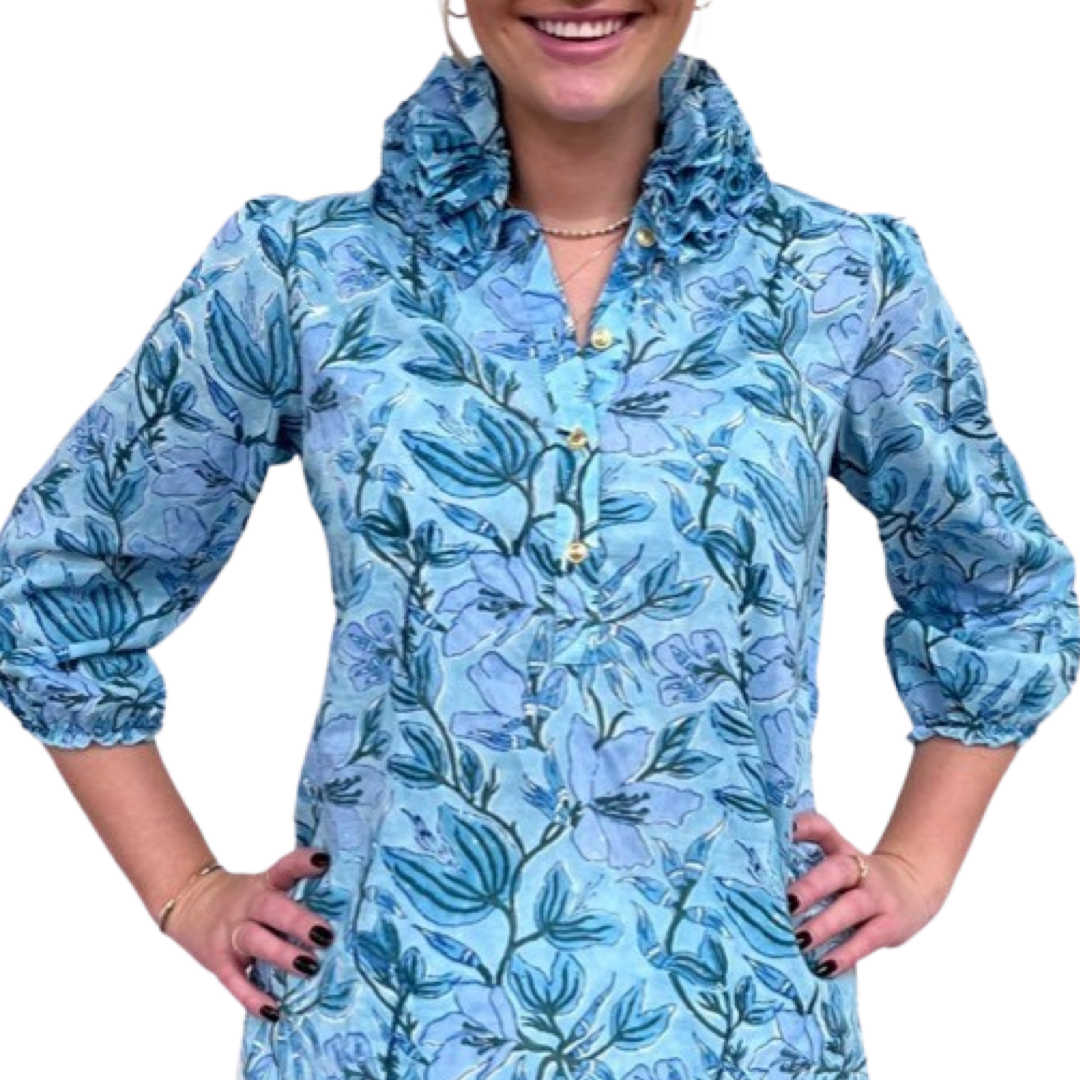 The Maria Ruffle Neck Top in Aqua Floral – Liza Byrd