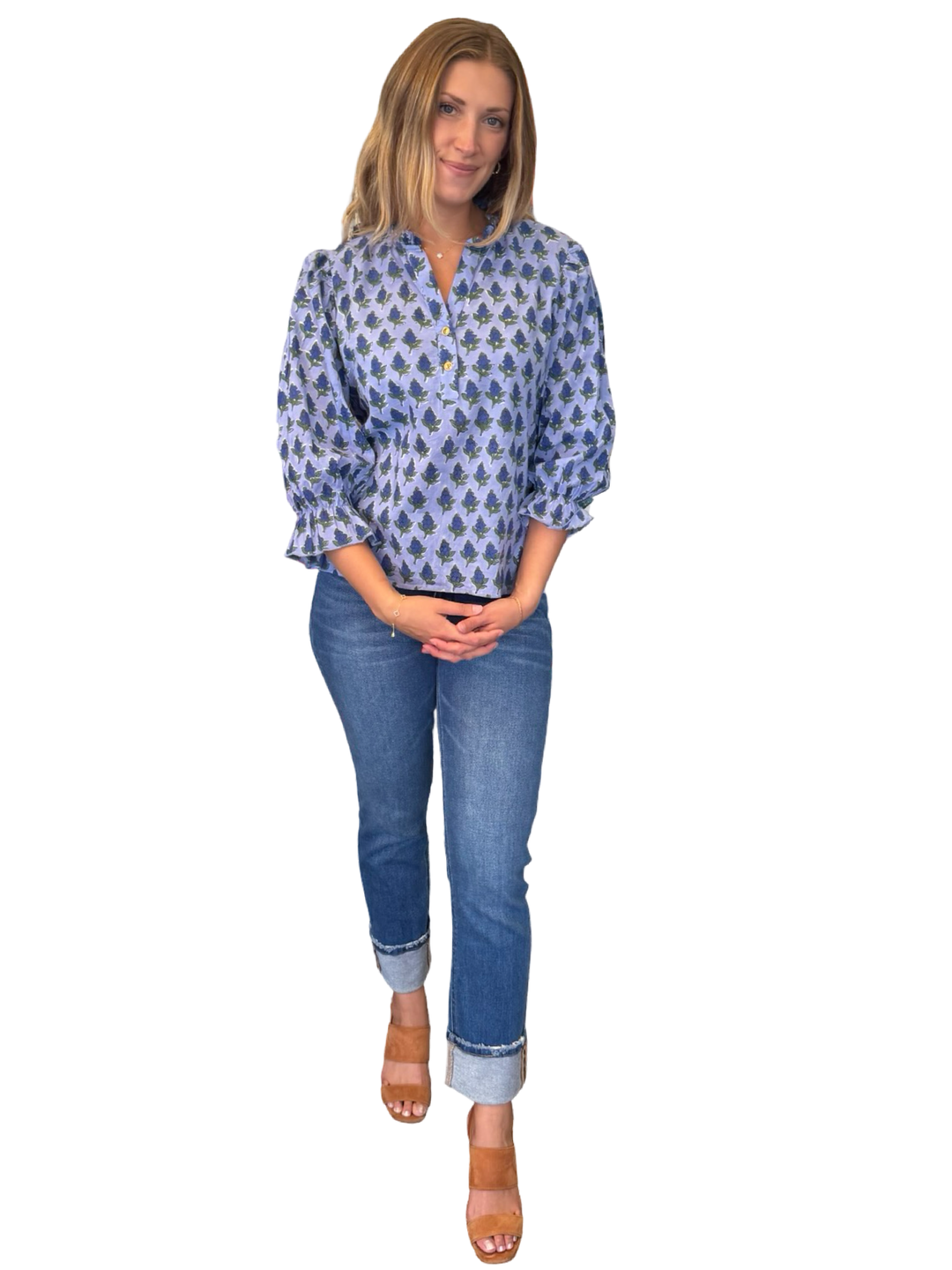 The Ainsley Ruffle Trim Top in Blue Floral Hand Block Printed Cotton