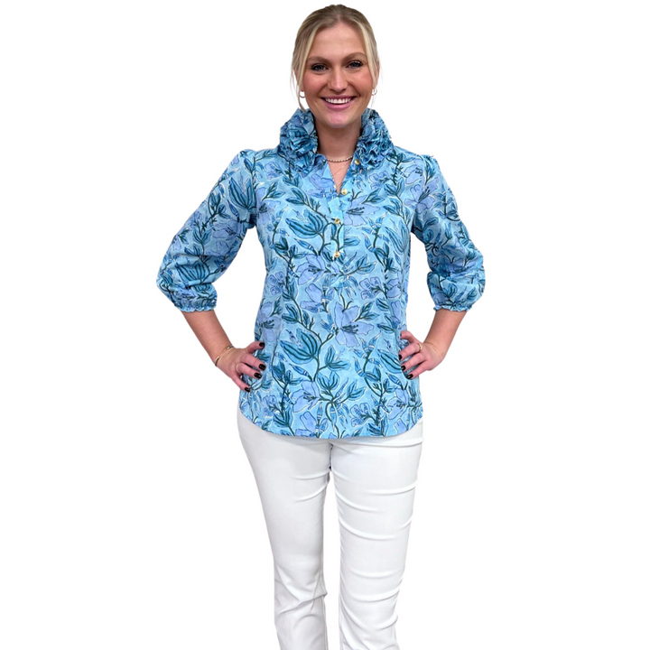 The Maria Ruffle Neck Top in Aqua Floral