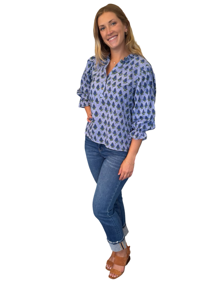 The Ainsley Ruffle Trim Top in Blue Floral Hand Block Printed Cotton