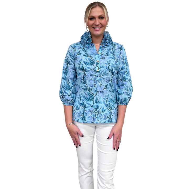 The Maria Ruffle Neck Top in Aqua Floral — view 2