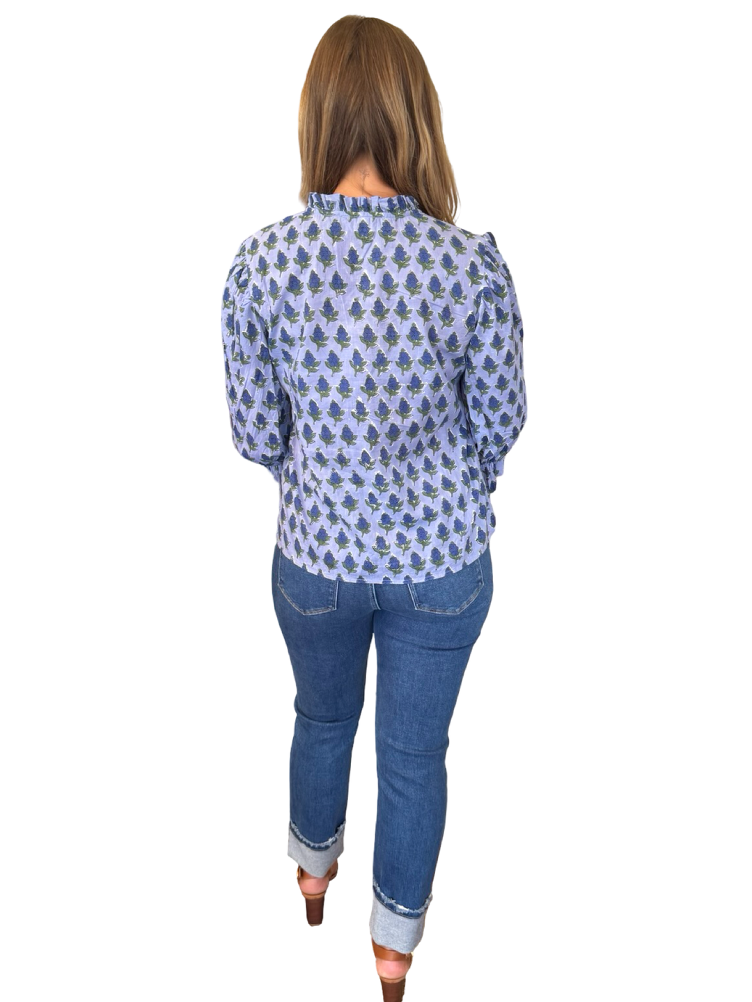 The Ainsley Ruffle Trim Top in Blue Floral Hand Block Printed Cotton