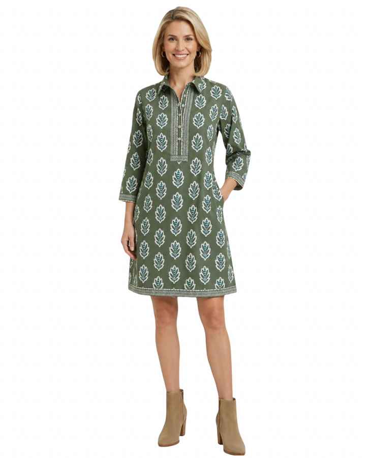 The Annika Cotton Hand Block Printed Dress in Army Green