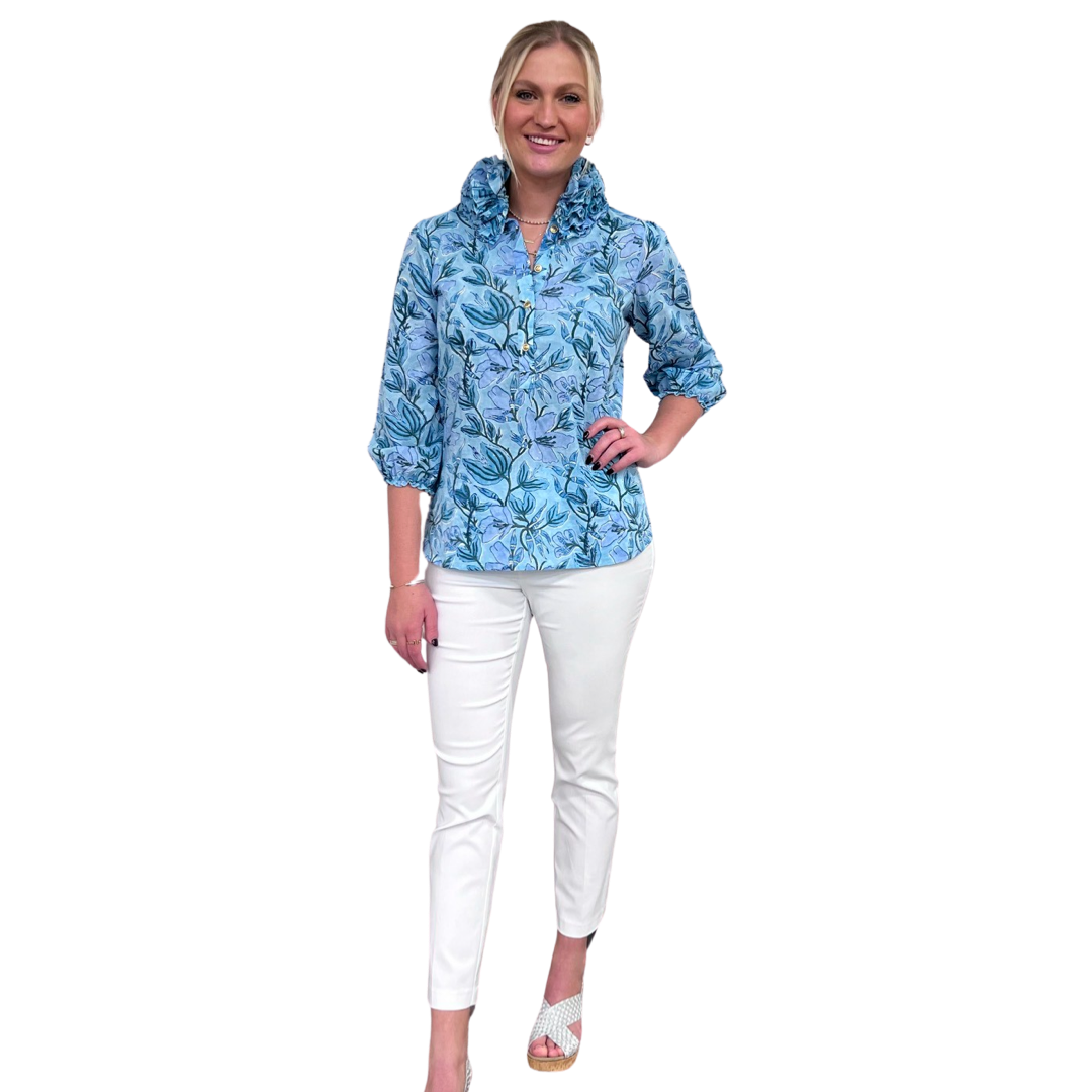 The Maria Ruffle Neck Top in Aqua Floral