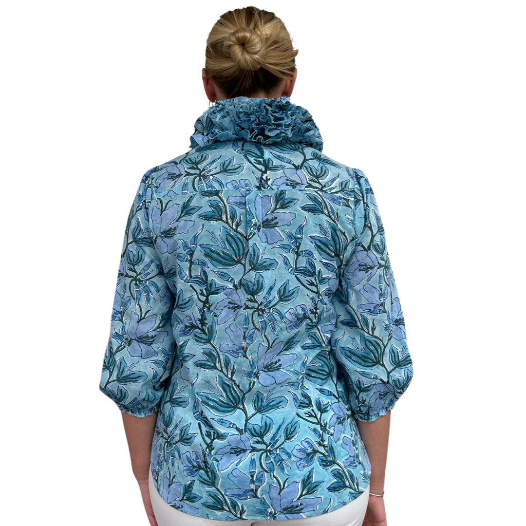 The Maria Ruffle Neck Top in Aqua Floral — view 5
