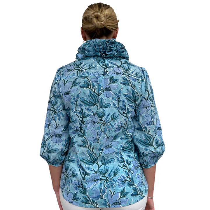The Maria Ruffle Neck Top in Aqua Floral — view 5