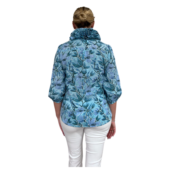 The Maria Ruffle Neck Top in Aqua Floral — view 6