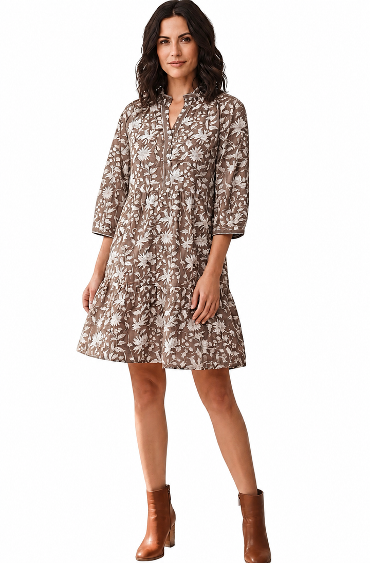 The Campbell Hand Block Printed Cotton Dress in Chocolate Brown