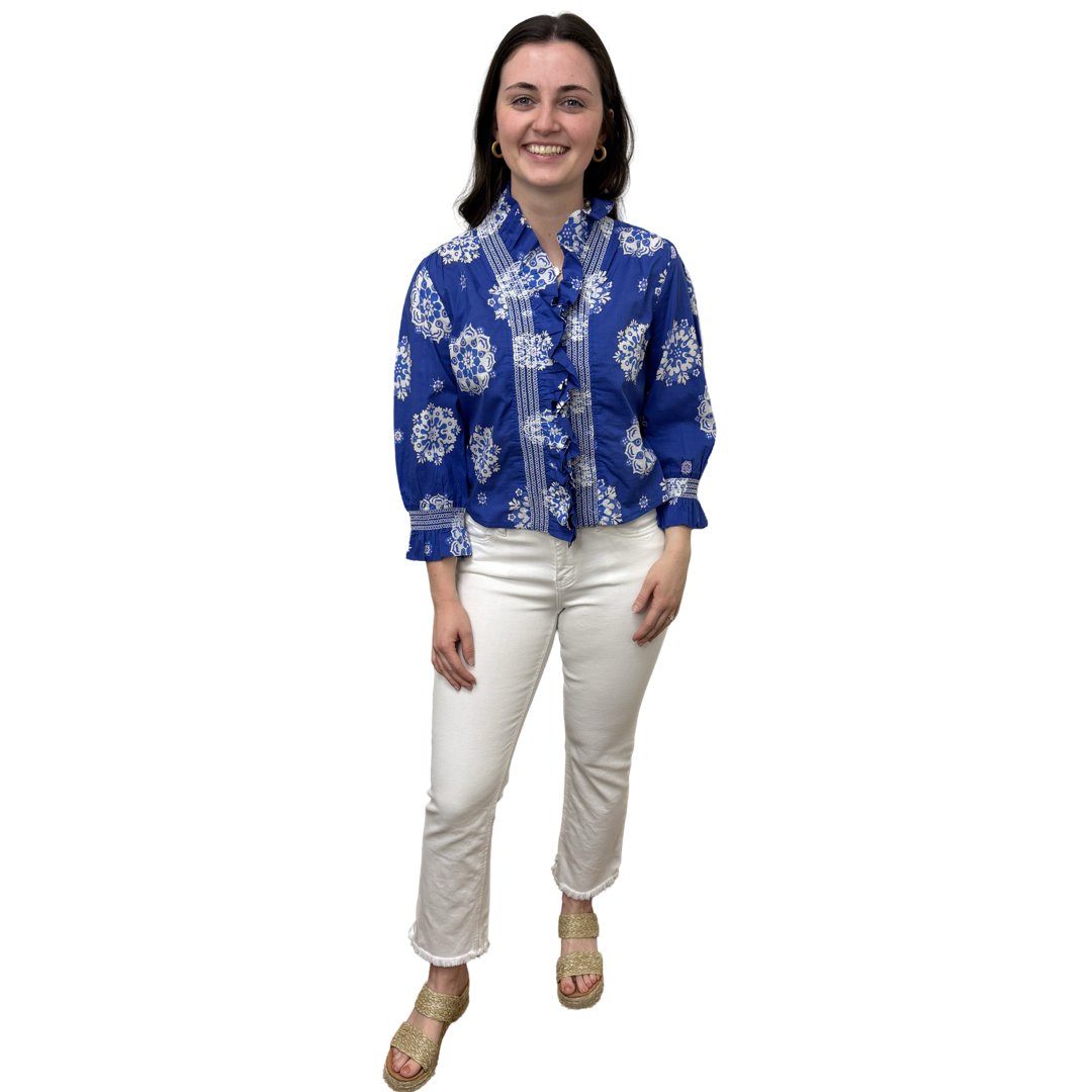 The Amelia Ruffle Top in Royal Blue White Medallion Print — view 2