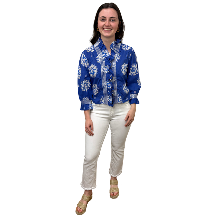 The Amelia Ruffle Top in Royal Blue White Medallion Print — view 2