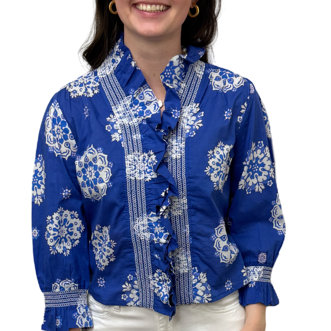 The Amelia Ruffle Top in Royal Blue White Medallion Print — view 4