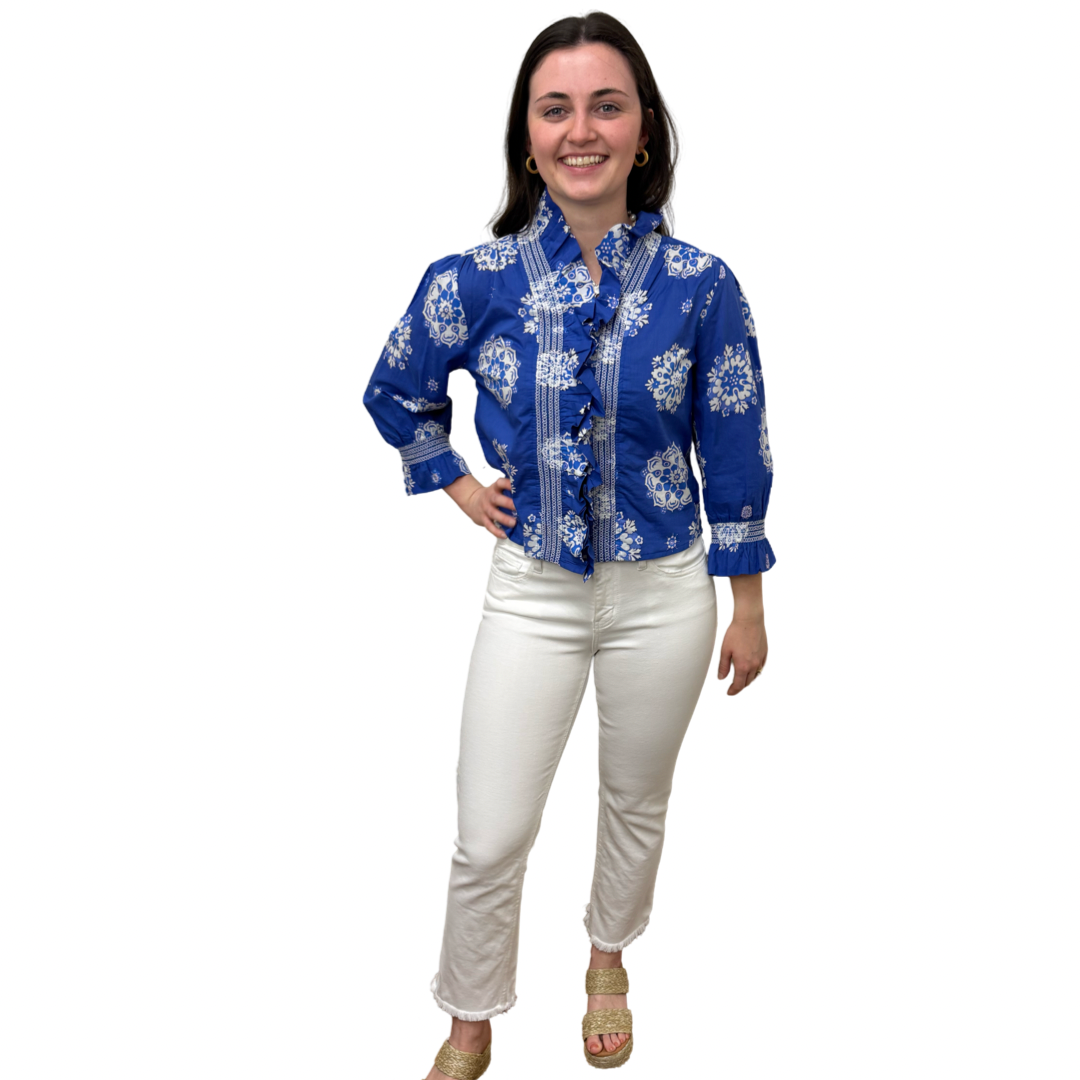 The Amelia Ruffle Top in Royal Blue White Medallion Print — view 3