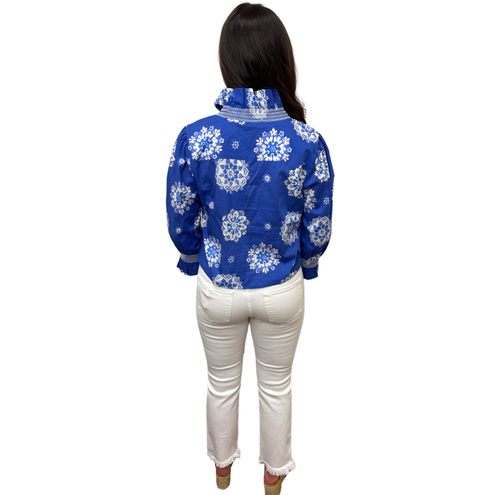 The Amelia Ruffle Top in Royal Blue White Medallion Print — view 5
