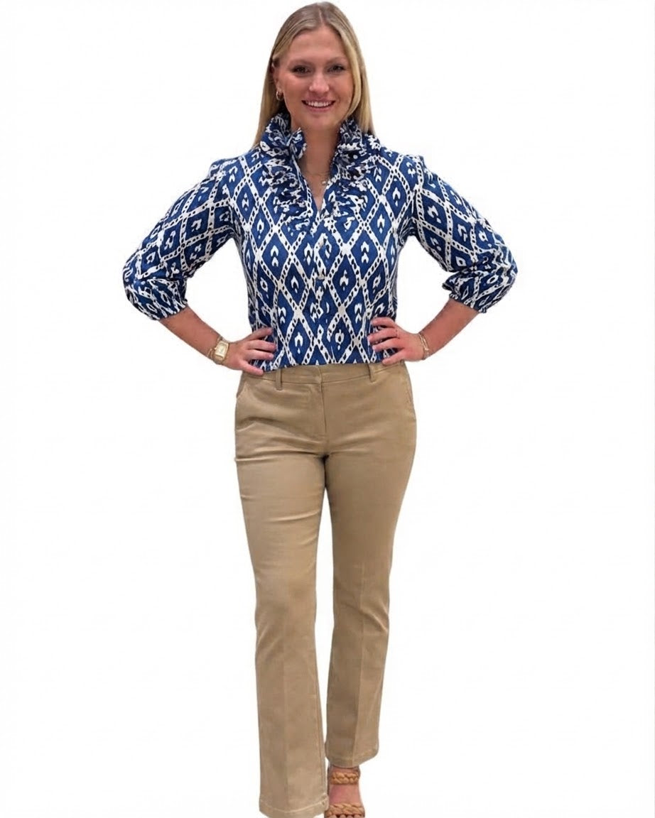 The Maria Ruffle Neck Blouse in Royal Blue and White