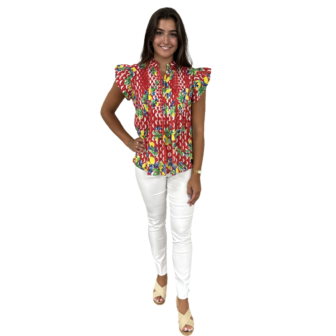 The Ava Button Front Flutter Sleeve Top in Red And White Geometric Floral