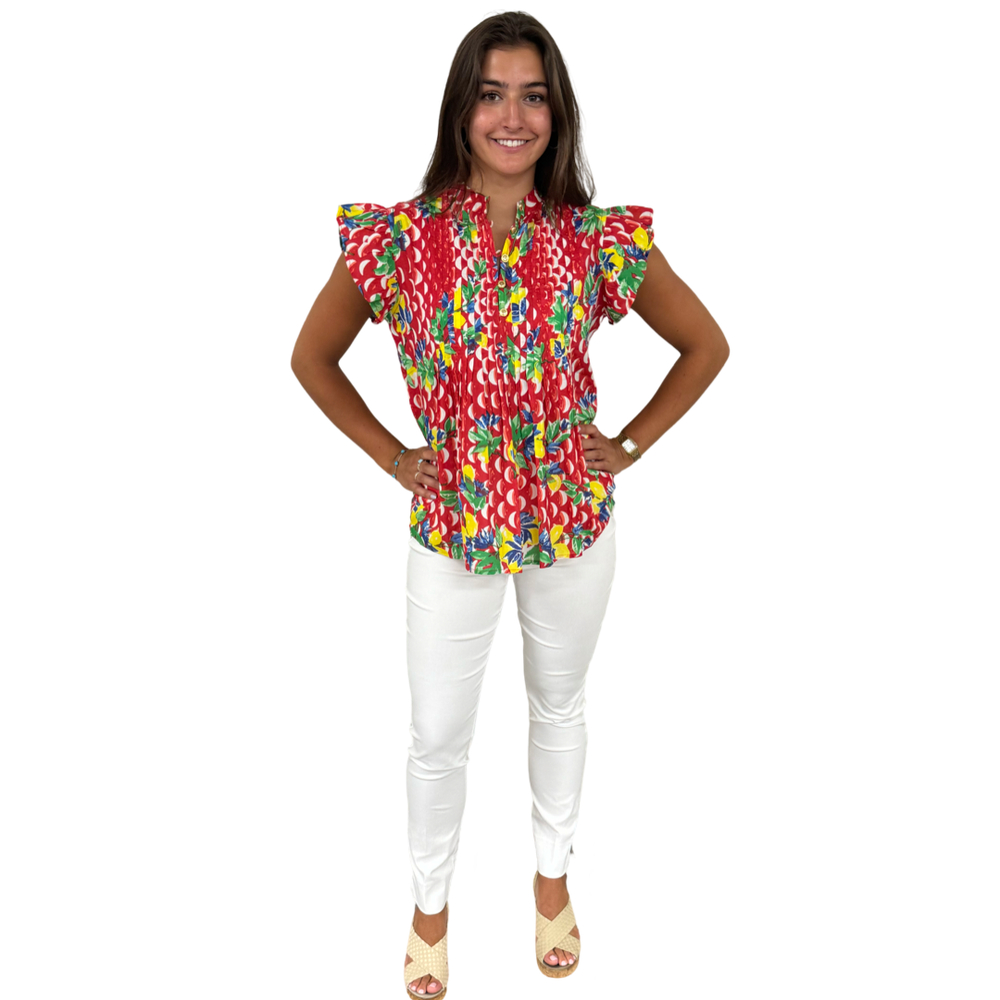 The Ava Button Front Flutter Sleeve Top in Red And White Geometric Floral — view 2