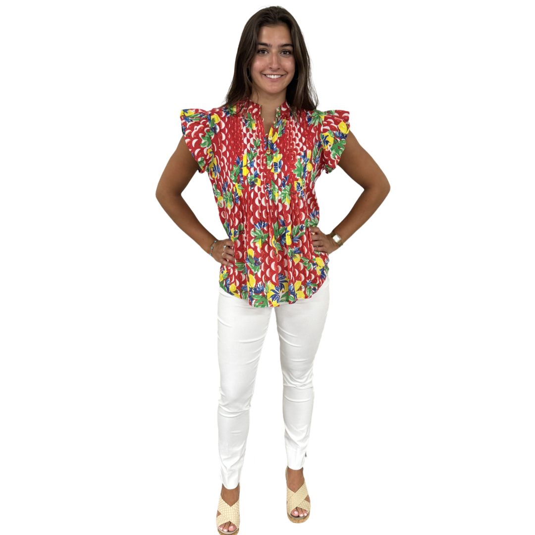 The Ava Button Front Flutter Sleeve Top in Red And White Geometric Floral — view 2