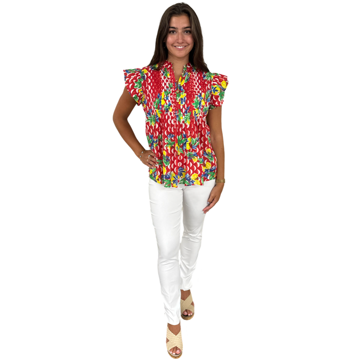 The Ava Button Front Flutter Sleeve Top in Red And White Geometric Floral — view 4