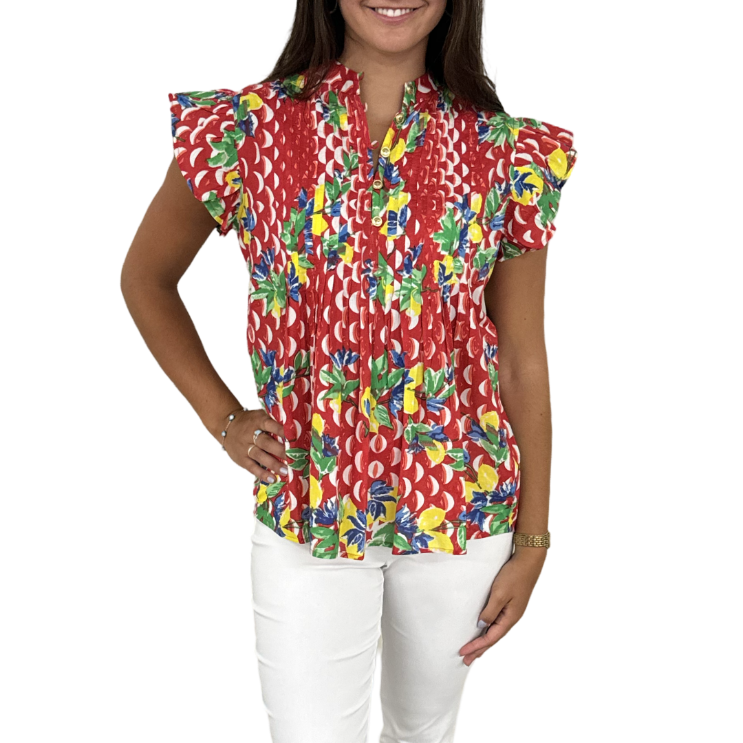 The Ava Button Front Flutter Sleeve Top in Red And White Geometric Floral — view 3