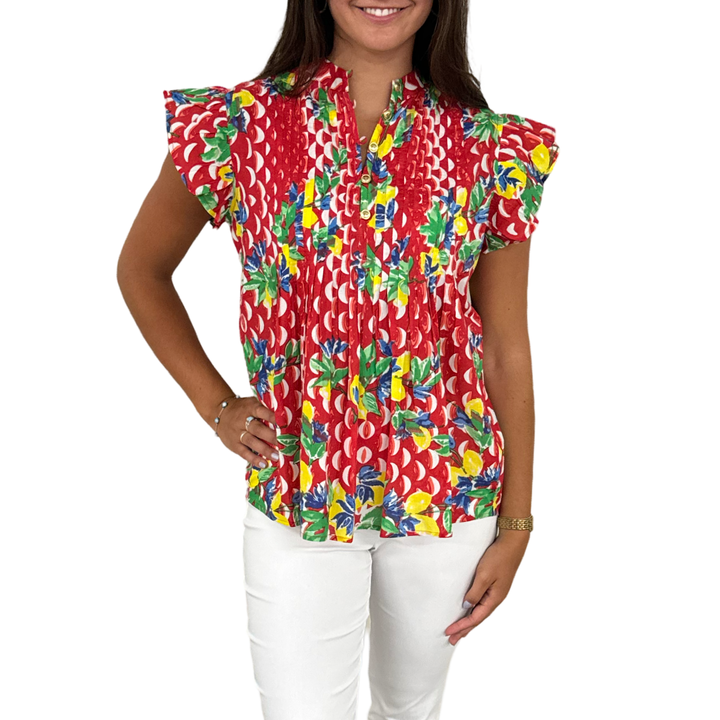 The Ava Button Front Flutter Sleeve Top in Red And White Geometric Floral — view 3