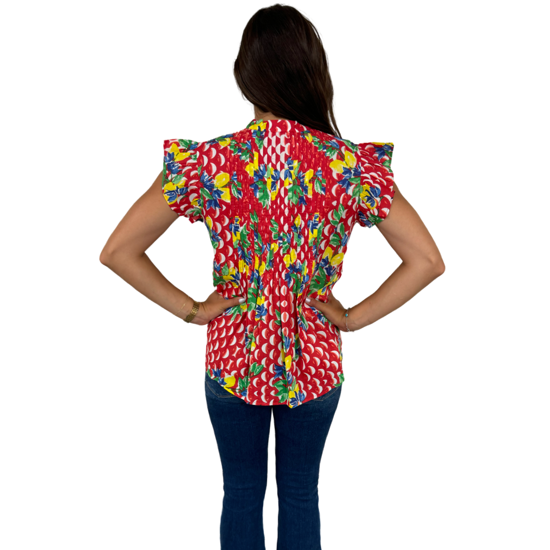 The Ava Button Front Flutter Sleeve Top in Red And White Geometric Floral — view 7