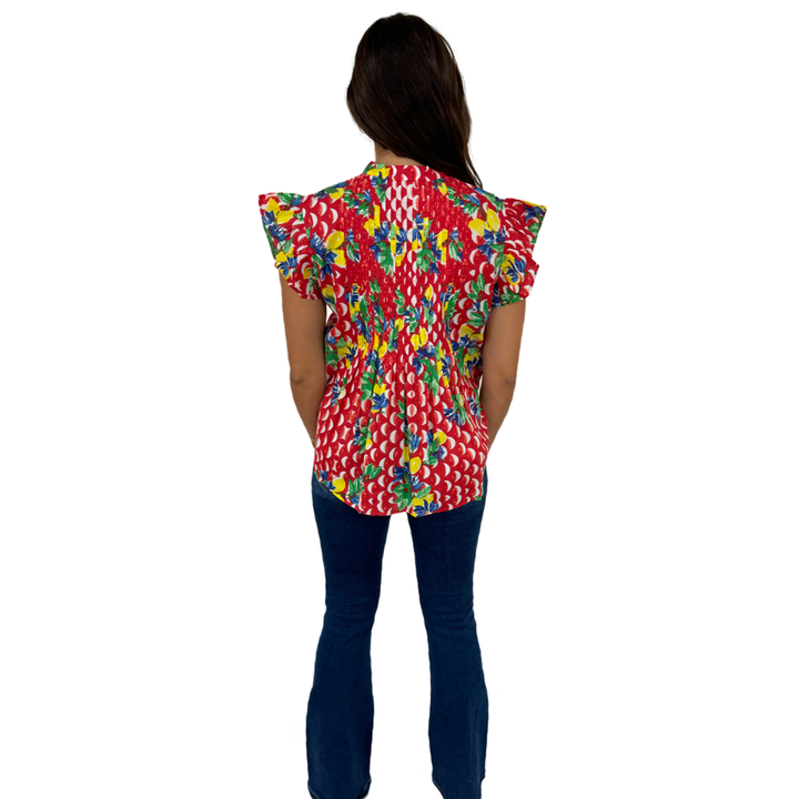The Ava Button Front Flutter Sleeve Top in Red And White Geometric Floral — view 6