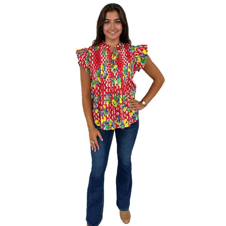 The Ava Button Front Flutter Sleeve Top in Red And White Geometric Floral — view 5