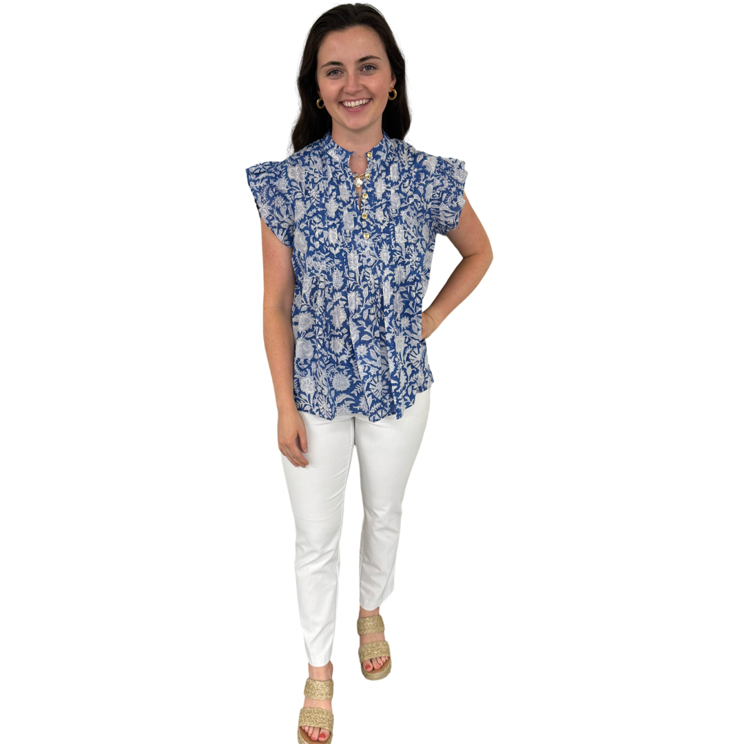 The Ava Button Front Flutter Sleeve Top in Blue and White Hand Blocked Floral — view 4