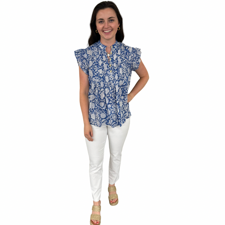 The Ava Button Front Flutter Sleeve Top in Blue and White Hand Blocked Floral — view 4