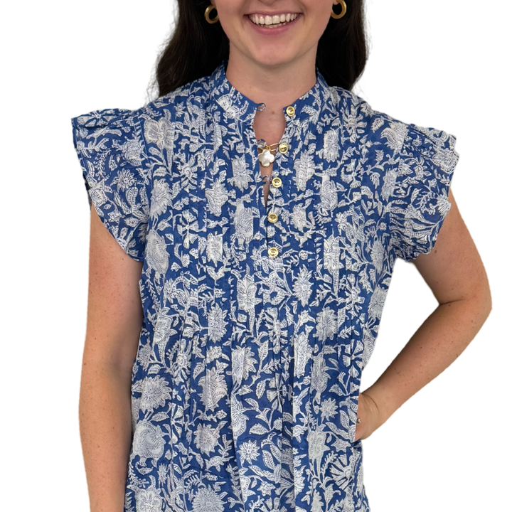 The Ava Button Front Flutter Sleeve Top in Blue and White Hand Blocked Floral — view 3