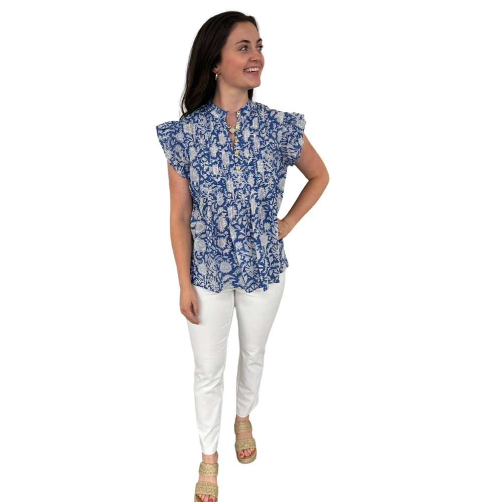 The Ava Button Front Flutter Sleeve Top in Blue and White Hand Blocked Floral — view 2