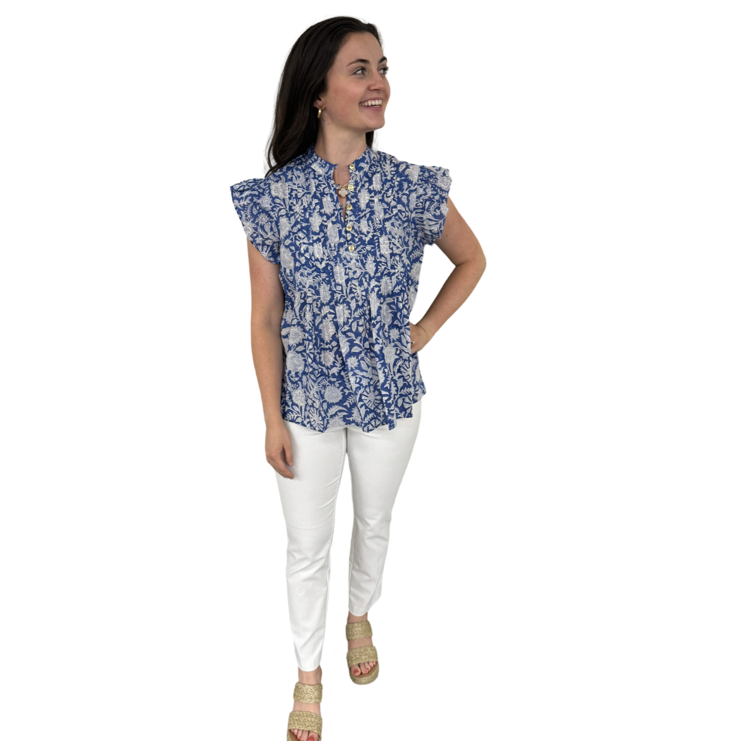 The Ava Button Front Flutter Sleeve Top in Blue and White Hand Blocked Floral — view 2