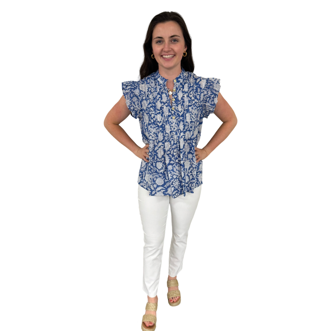 The Ava Button Front Flutter Sleeve Top in Blue and White Hand Blocked Floral