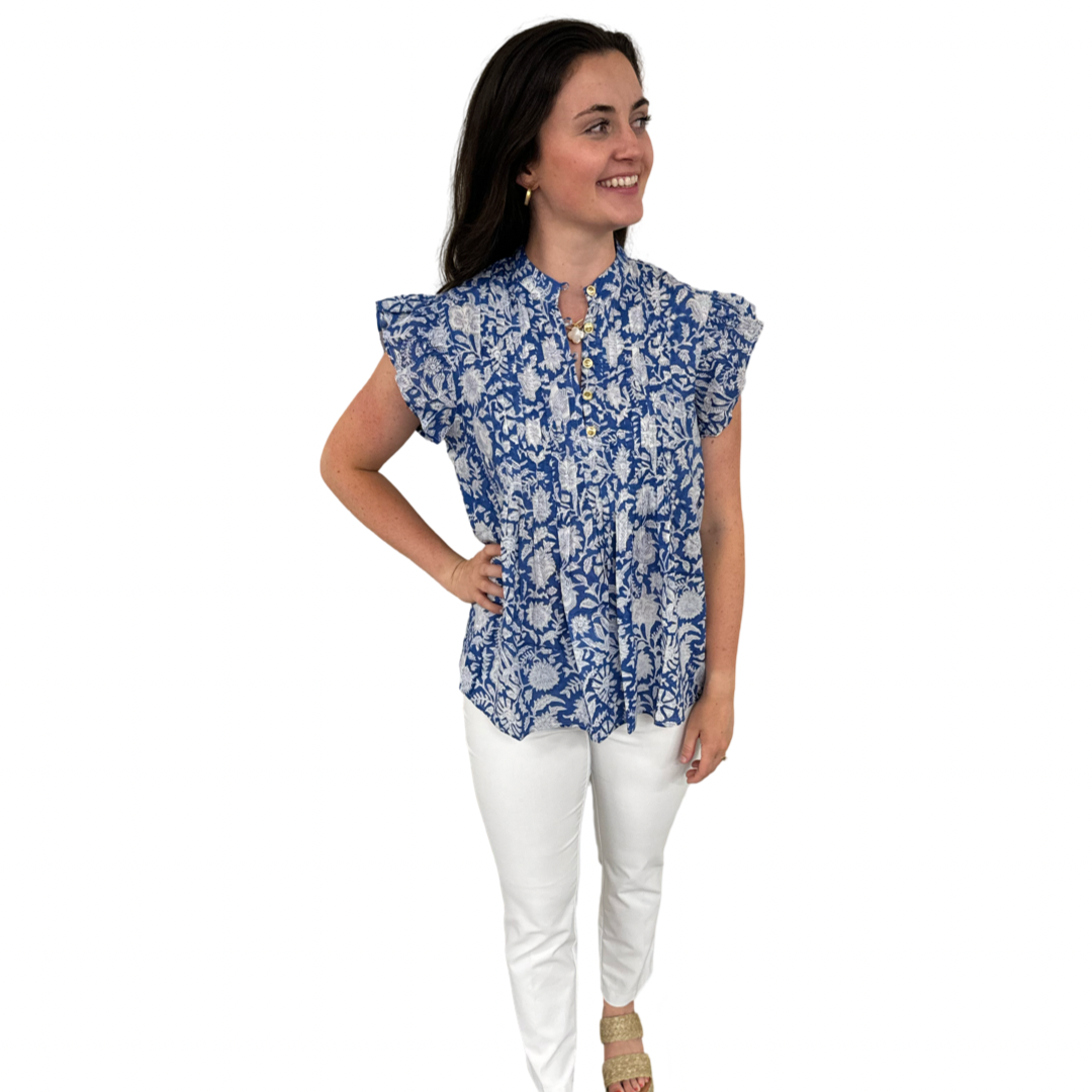 The Ava Button Front Flutter Sleeve Top in Blue and White Hand Blocked Floral — view 5