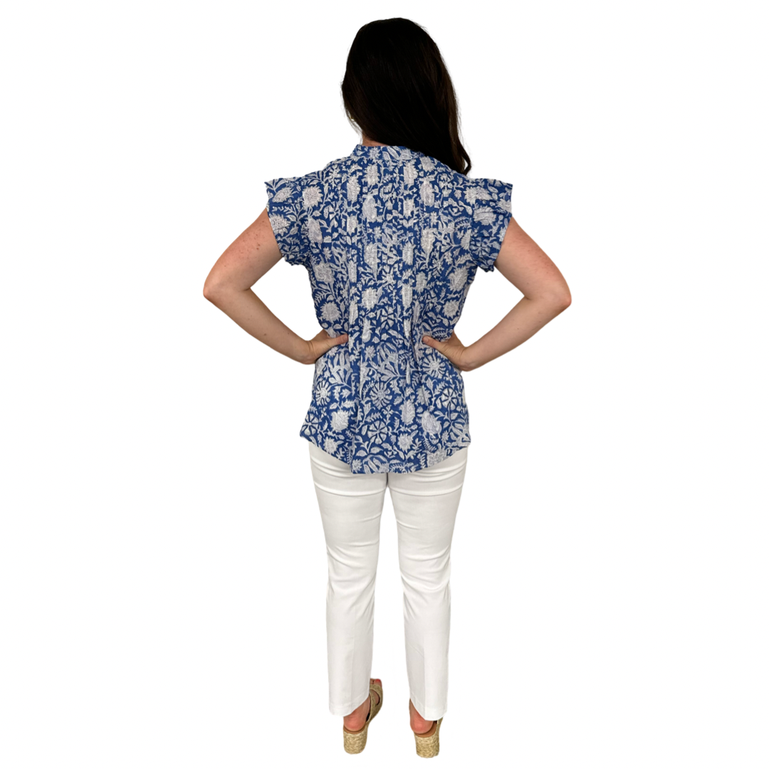 The Ava Button Front Flutter Sleeve Top in Blue and White Hand Blocked Floral — view 7