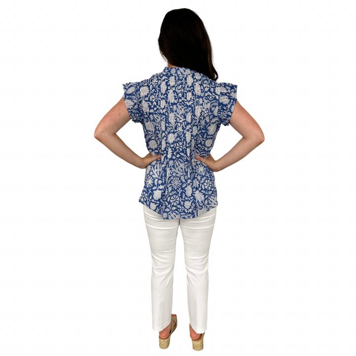 The Ava Button Front Flutter Sleeve Top in Blue and White Hand Blocked Floral — view 7