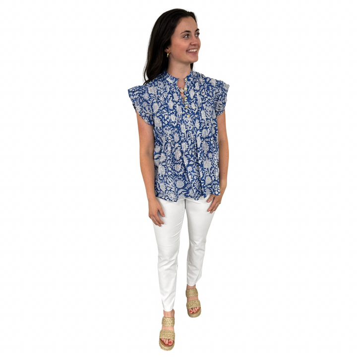 The Ava Button Front Flutter Sleeve Top in Blue and White Hand Blocked Floral — view 6