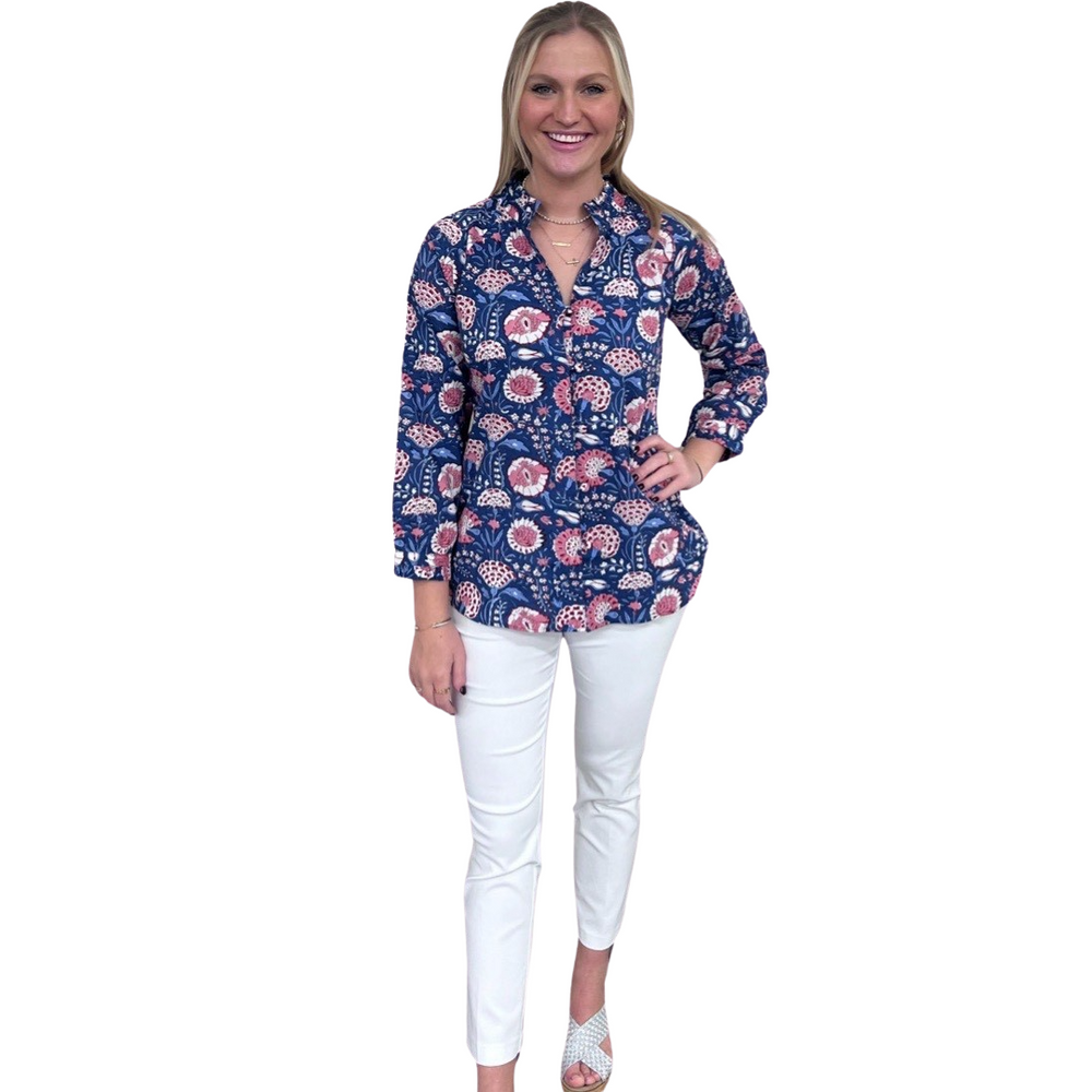 The Embry Blue Hand-Block Printed Button Front Top — view 2