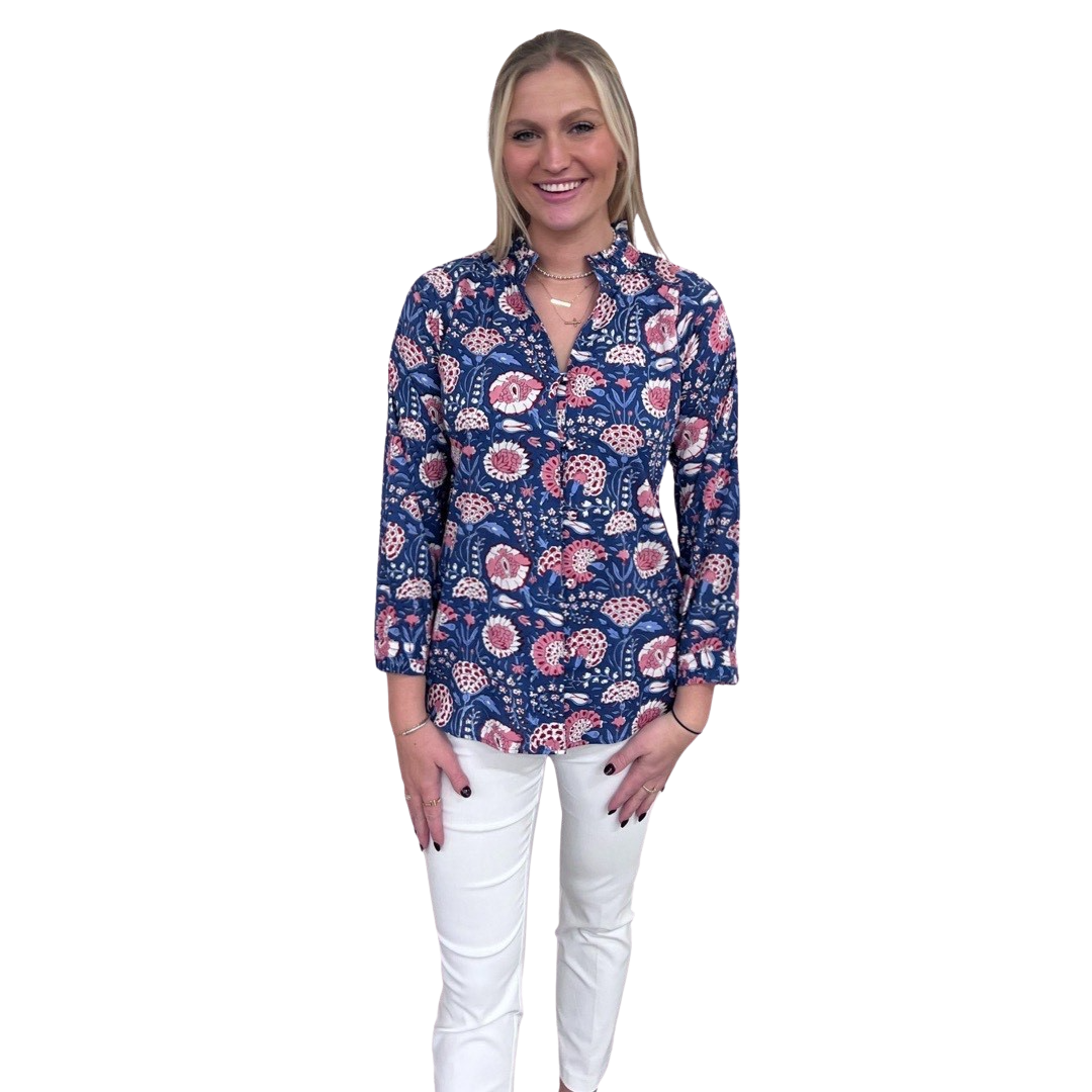 The Embry Blue Hand-Block Printed Button Front Top