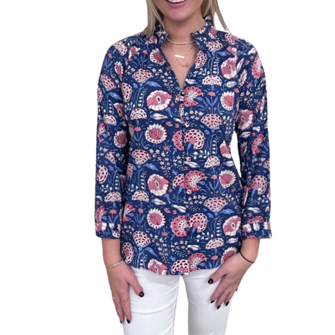 The Embry Blue Hand-Block Printed Button Front Top — view 4