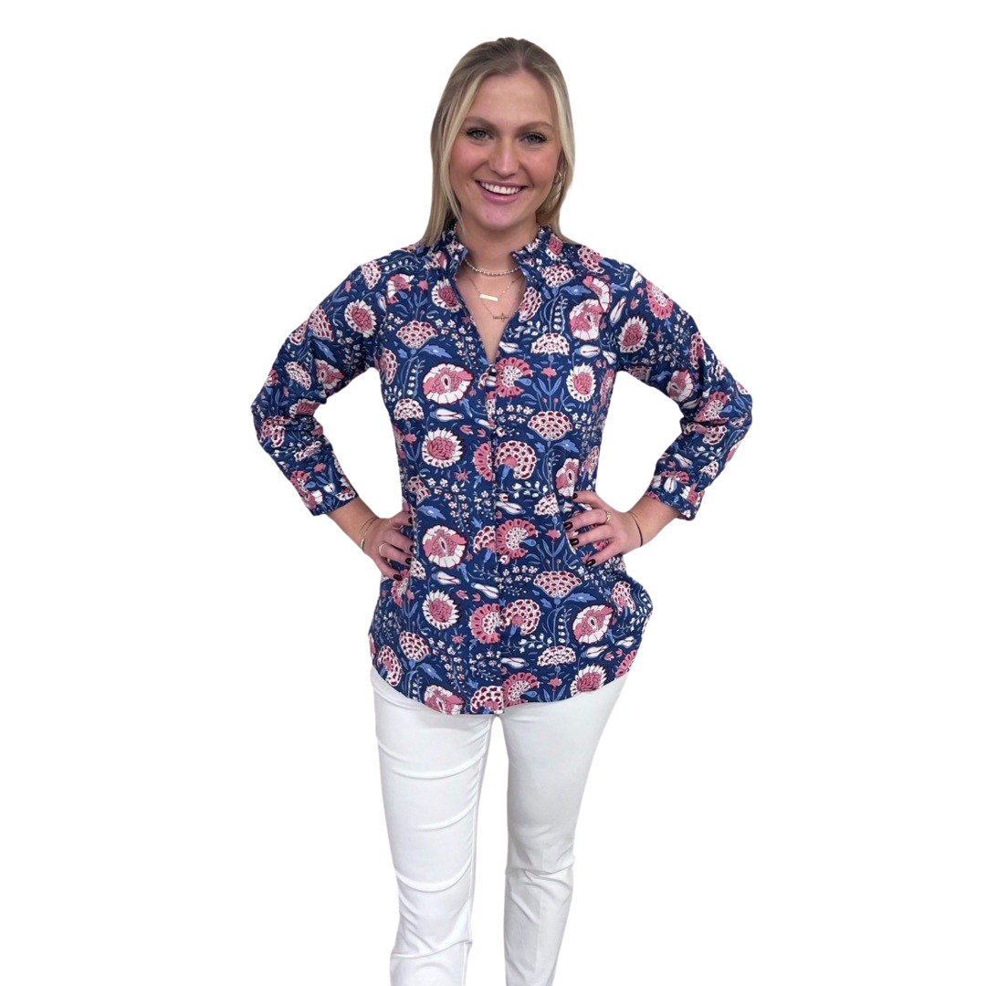 The Embry Blue Hand-Block Printed Button Front Top — view 3