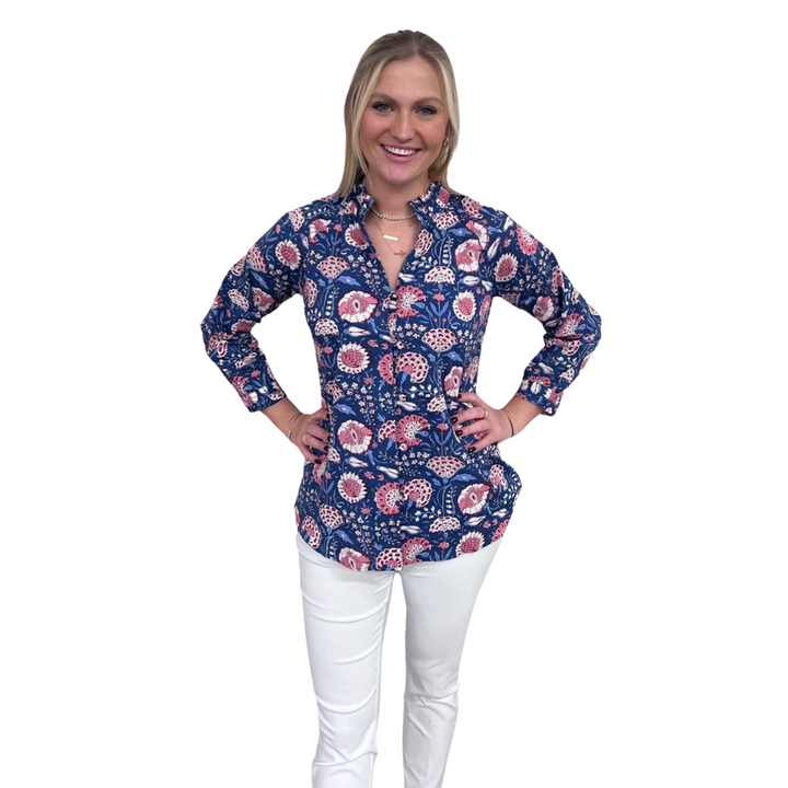 The Embry Blue Hand-Block Printed Button Front Top — view 3