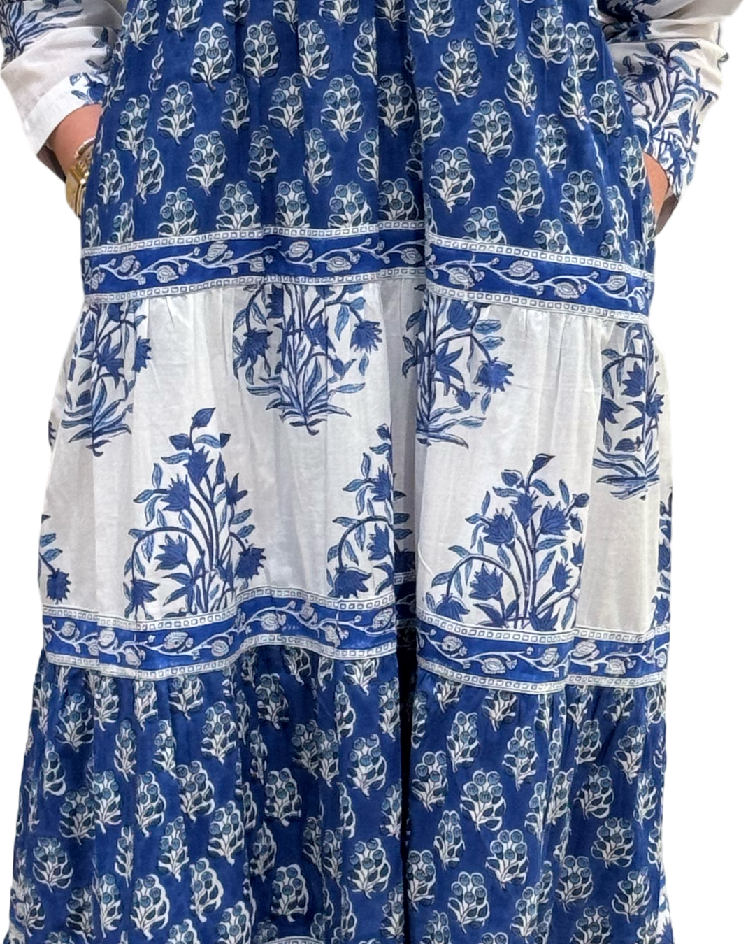 The Frances Hand Block Printed Floral Dress in Blue White — view 4