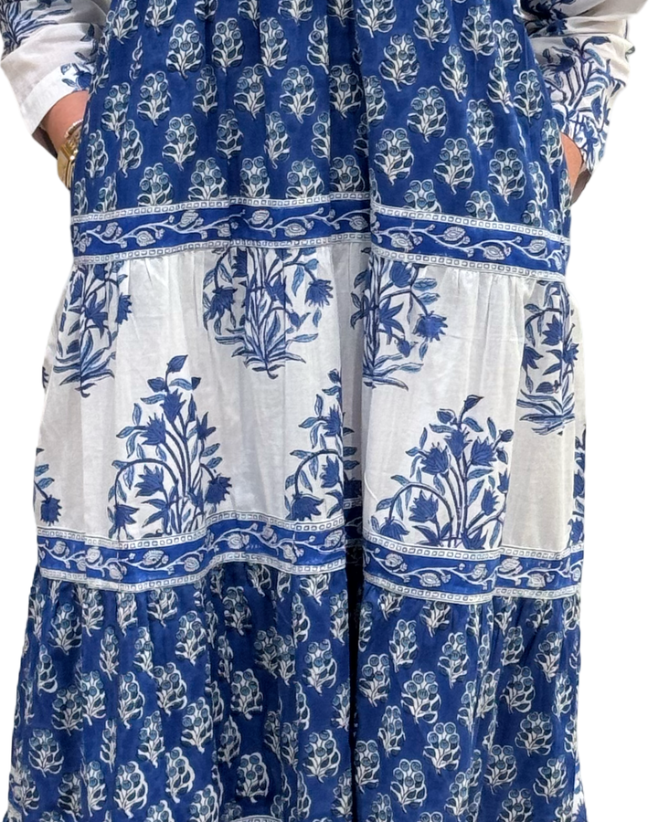 The Frances Hand Block Printed Floral Dress in Blue White — view 4