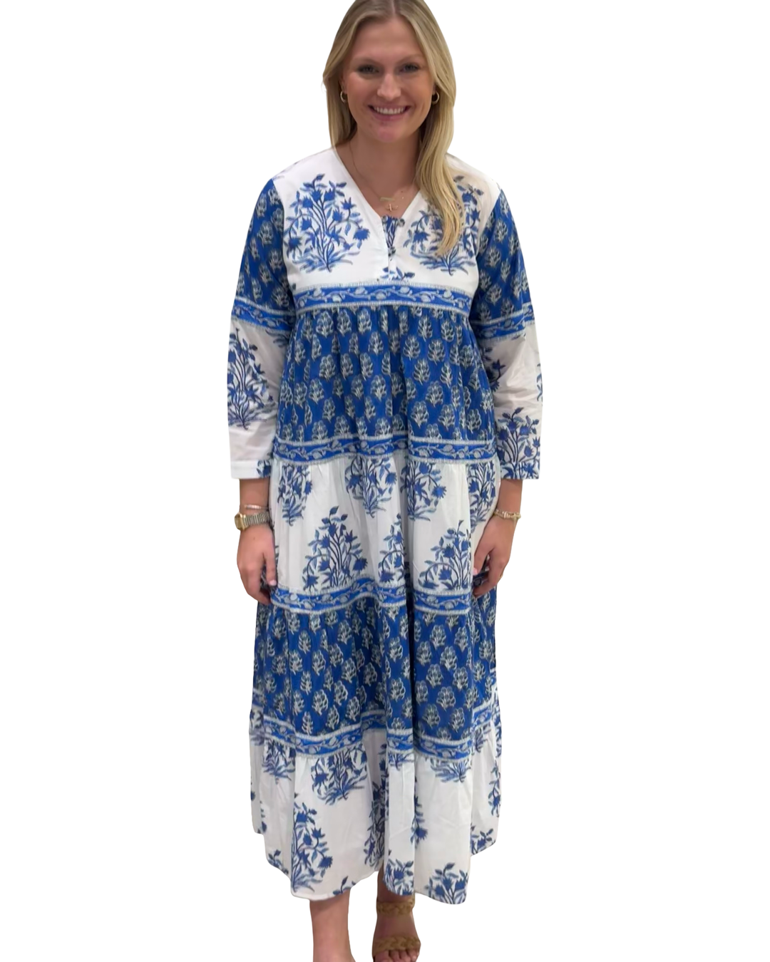 The Frances Hand Block Printed Floral Dress in Blue White — view 3